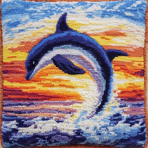 ASONGLINGO Kreuzstich Knüpfkissen Zum Selber knüpfen Kissen Set Delfine im Ozean Knüpfpackungen Für Anfänger, Diy-Kissen, latch hook kits,Heimdekoratio 43x43cm