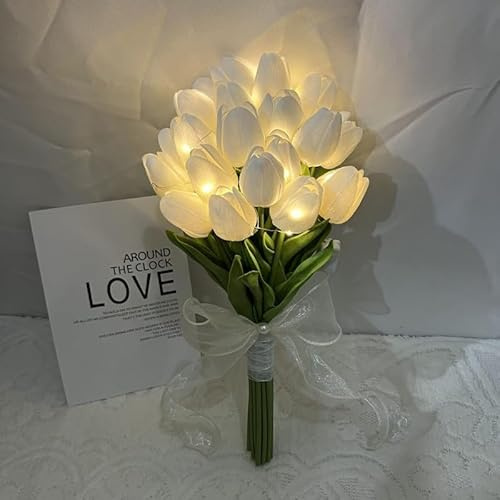 DINOWIN 10 Blumen Tulpe Künstliche Blumen mit LED-Lichtern, Real Touch Tulpenstrauß, batteriebetriebene Weihnachten Urlaub Hochzeit Fotografie Heimdekoration kreative Geschenke (Weiß)