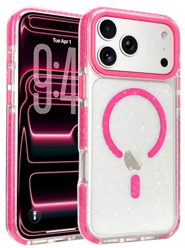 LLZ.COQUE Custodia magnetica per iPhone 17 Pro Max, compatibile con Magsafe, cover posteriore rigida trasparente glitterata per ragazze Wowen, in silicone, antiurto, per iPhone 17 Pro Max, rosa acceso
