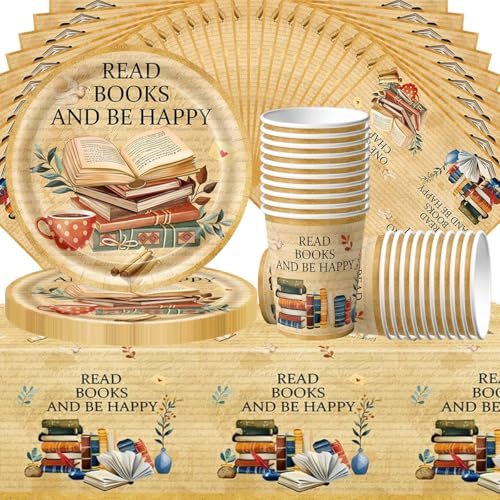 Doyomtoy Set di stoviglie vintage a tema lettura composto da 61 pezzi per feste di compleanno, comprendente piatti, bicchieri di carta, tovaglioli e tovaglia a tema lettura, per 20 ospiti