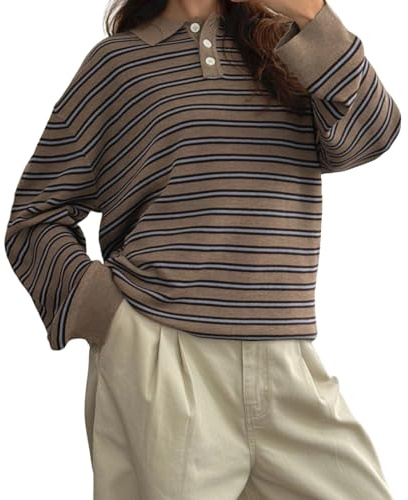 Übergroßer gestreifter Pullover für Damen, Kragen, langärmelig, adretter Polopullover, Vintage, ästhetisch, gestrickt, Rugby-Shirts, khaki, M