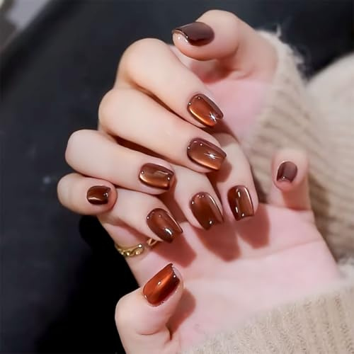 Faux Ongles Court MouyouGlow,Carré Marron Unicolore Cat Eye Magnetic Press on Nails avec Colle à Ongles,Brown Phototherapy INS Automne Sweet Fake Nails