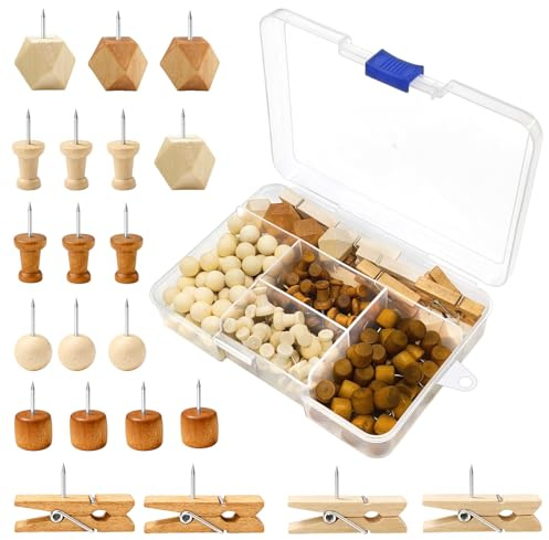 Minfuerang 200 Pièces Punaises en Bois,5 Formes,Punaises à Tête en Bois avec Boîte,punaises Décoratives pour Tableaux de Liège, Cartes, Photos, Travaux Manuels (200)