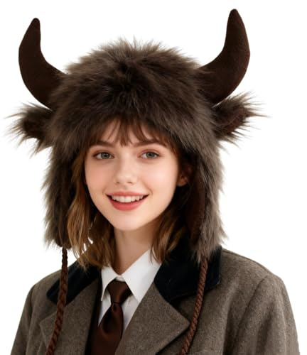 Winter Faux Fur Horn Trapper Hat Warm Furry Bull Horn Earflap Hat Cute Windproof Plush Beanie Animal Cap for Cosplay Party Carnival Outdoor