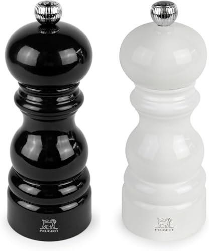 PEUGEOT – Duo Paris – Pfeffermühle + Salzmühle 15 cm – Klassische Einstellung – Aufbereitetes Holz mit PEFC-Zertifizierung – Farbe: schwarz & weiß lackiert, Natur