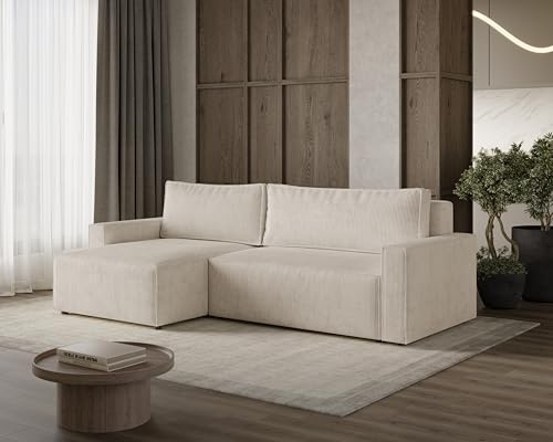 Dekori Möbel Komfortables, universelles Livio S Ecksofa mit Schlaffunktion und Bettkasten (Poso 100 - Vanille)