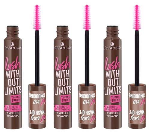 essence lash WITHOUT LIMITS TUBING BROWN EXTREME LENGTHENING & VOLUME MASCARA, Nr. 05, Braun, volumengebend, verlängernd, vegan, Nanopartikel frei, ohne Parfüm, ölfrei, 3er Pack (3x13ml)