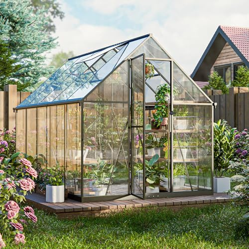 RTDTD Polycarbonat-Gewächshaus,278x175x195cm,Robustes Walk-in Garten Gewächshaus mit 4mm PC-Paneelen, Dachlüftung & abschließbarer Tür, Aluminiumrahmen Winterfestes Gewächshaus für Garten & Hinterhof
