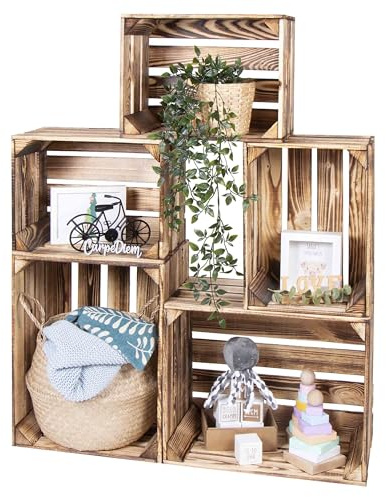 LAUBLUST Vintage Holzkisten 5er Set Geflammt - 50x40x30cm / 40x30x25cm | Weinkisten & Obstkisten | Deko- & Möbelkisten
