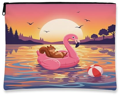 Funny Squirrel Makeup Bag, Flamingos Lifebuoys Sea Cosmetic Travel Pouch for Women Girls, Portable Small Canvas Zipper Organizer, Animal Toiletry Bag 7x9 Inch