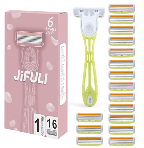 JiFULI Rakapparat kvinnor, återanvändbart handtag, 16 original reservpatroner med 6 blad, rakapparat damer intimt område intim kvinna intim zon (grön)