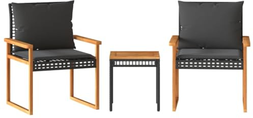 Qnhdfrt 3-TLG. Bistro-Set Gartenmöbel Sitzgruppe aus Poly Rattan und Akazienholz, Set für Balkon, Terrasse & Garten mit bequemen Kissen, 2 Stühle & Gartentisch, Schwarz