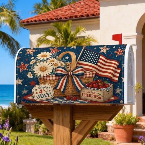 Coperture magnetiche per cassette postali con crisantemo, bandiera americana patriottica festiva ciliegie del 4 luglio, copertura per cassetta della posta blu per decorazione cortile 53 x 64 cm