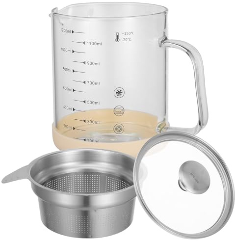 IMIKEYA Séparateur de Graisse, Récipient Égouttoir avec Passoire, 1200ml, Verre, Acier Inoxydable et Silicone, Séparation des Graisses, Filtration du Jus, pour Lait de Soja, Cuisine,