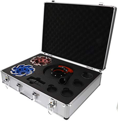 PRODIAMANT Schleifteller Set 125 mm mit passender Absaughaube für Winkelschleifer mit M14 Aufnahme 125mm Bohrung 22,23 in stabilem Koffer