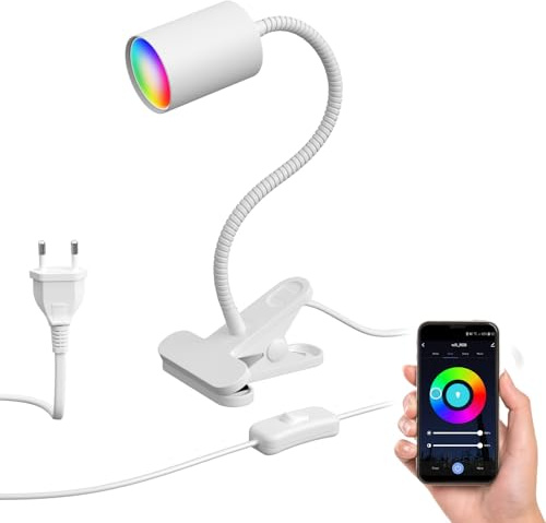 ledscom.de Klemmleuchte WAIKA mit Schwanenhals und Schalter weiß matt, inkl. Smart Home RGBW GU10 LED Lampe, 5,41W, 473lm