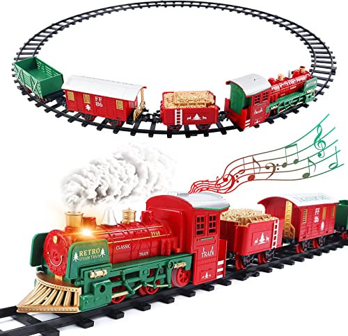 deAO Circuit Classique Ferroviaire pour Enfants Train avec Lumière, Sons Réalistes, Effet de Fumée, 3 Voitures et Chenilles sur Le Thème de Noël