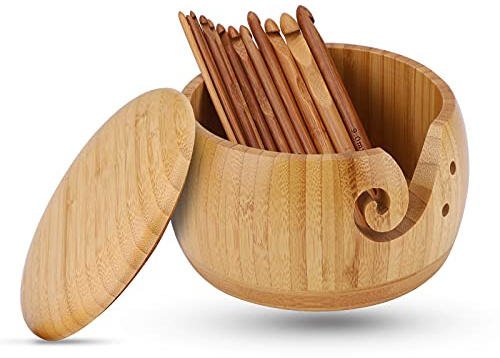 Bol à fil en bois avec couvercle fait à la main avec 12 crochets en bambou pour crochet, accessoires de tricot, loisirs créatifs, cadeau pour femme
