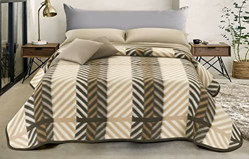SpazioTessile - Coperta Lana Mista per Letto Una Piazza e Mezza, Plaid Divano Pesante Made in Italy, Fantasia Spiga, Coperta Calda Invernale 500 gr/m² (Beige-Marrone, 180x220)