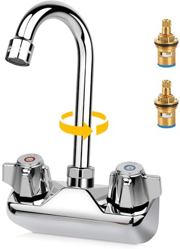4 Inch Center Wall Mount Commercial Hand Sink Faucet with Ceramic Valve | Kitchen Faucet with 3-1/2 Swivel Gooseneck Spout, Dual Knobs for Bar Restaurant Laundry, Brass Constructed