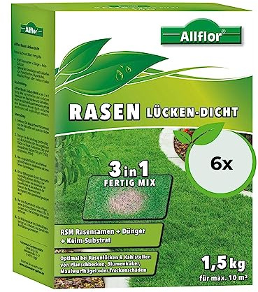 Allflor Rasen-Lücken-Dicht I 6 x 1,5 Kg I 3-in-1 Fertig Mix I Mischung aus Rasensamen, Dünger und Keimsubstrat I Ideal zur Reparatur von Kahlstellen & Rasenlücken I Für einen grünen Rasen