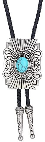 DELIGUO Bolo Ties Krawatte Für Herren - Western-Cowboy, Europäisches Und Amerikanisches, Natürliches Türkis-Zubehör, Antike Krawatte Mit Anhänger, Männlich-Weibliche Lederseil-Halskette, Himmelblau,