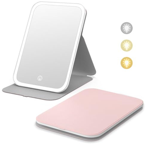 Kintion Travel Makeup Mirror, Portable LED Lighted Makeup Mirror, 360° Rotation Touch Screen, 3-Color Dimmable Lighting, Rechargeable Tabletop Folding Vanity Mirror, Pink