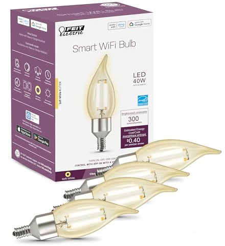 Feit Electric Vintage Flame Tip Smart WiFi LED Bulb, E12 Candelabra Base, 40W Eq. (3.3W), 2700K Soft White, Clear Filament, Dimmable, No Hub Required, 2.4GHz Only, CFC40/927CA/FIL/AG/4, 4 Pack