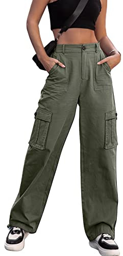 ZMPSIISA Pantaloni Cargo da Donna a Vita Alta a Gamba Larga Pantaloni Casual 6 Tasche Pantaloni Militari da Combattimento, Verde, M