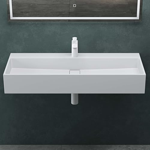 Mai & Mai Waschbecken 100x40x14cm aus Mineralguss in Weiß Matt | Aufsatzwaschbecken Hängewaschbecken Waschplatz mit Armaturloch inkl. Ablaufabdeckung Colossum6028