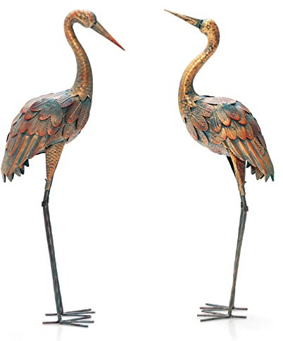 COSTWAY Set of 2 Metal Garden Ornaments, Standing Flamingo/Crane Sculpture Statue Set, Indoor Outdoor Bird Art Decoration for Backyard Patio Lawn Gifts (Crane)