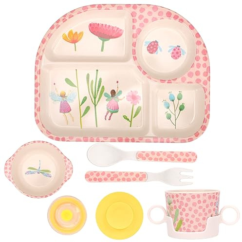 LOMUG Kindergeschirr Set,ohne melamin, 5-teiliges Geschirr Set mit Saugnapf,Baby Menü Tablett,Baby Teller, rutschfest BPA Frei,Teller,Becher mit Deckel,Löffel, Gabel für Kinder,Spülmaschinenfest