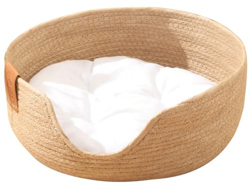 UKCOCO Straw Woven Cat Basket Bed: Small Indoor Cat Bed Round Straw Woven with Removable Pad Breathable Pet Four Seasons Universal for Small s,Diameter: 13, Height: 5