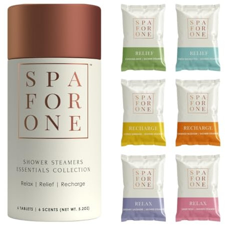 Spa For One Shower Steamers Aromatherapy 6 Pack - Made in USA with Natural Essential Oils for Christmas Stocking Stuffers, Birthday Gifts for Women and Men, White Elephant - Self Care Variety Pack