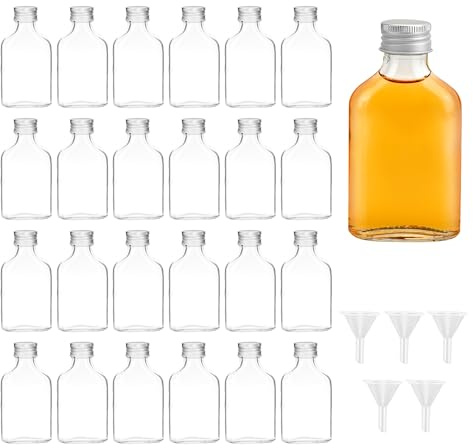 YKUKIZEE 24 Pack Glass Pocket Flask Bottles, 50 ml Flat Miniature Alcohol Bottles, 1.7 oz Empty Glass Flask Liquor Bottle with Silver Caps and Funnel for Brewing Whisky Vodka Wedding Favours