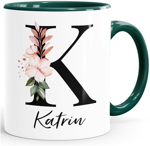 SpecialMeKaffee-Tasse Monogramm Initiale mit Namen personalisiert Blumen Blüten Dekor Floral Buchstabe Weiss-innen-gruen standard
