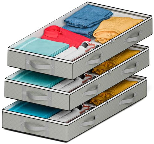 Homixify 90L Large Under Bed Storage Bag with Zip (Pack of 3) | Premium Non-Tear Fabric Clear Top Underbed Storage Boxes with Lids | 2 H-Stitched & 4 Reinforced Durable Handles (Pack of 3, Grey)