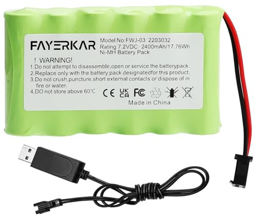 Fayerkar 7.2 V NI-MH Akku, 2400 mAh wiederaufladbare AA RC Auto Batterie, 7.2 V Batterie mit Ladekabel, SM Stecker für ferngesteuerte LKW, Beleuchtung, Elektrowerkzeuge