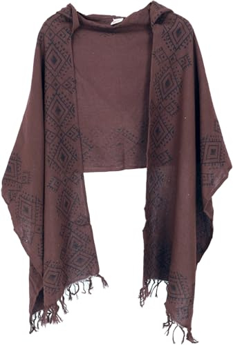 GURU SHOP Handgewebter Baumwollschal mit Kapuze, Tribalmuster | 100% Baumwolle, handbedruckt, vielseitig verwendbar, ideal als Schultertuch, Poncho oder Stola.