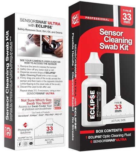 Kit de hisopo de limpieza de sensores, solución de limpieza óptica Eclipse (15 ml) + hisopo de sensor tipo 4 Ultra de 33 mm (paquete de 6) - para sensores CMOS y CCD de formato medio - Removedor de