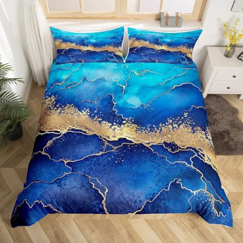 Rodths Blaue Murmel Bettwäsche 155x220, Bettbezug 155 x 220 2er Set, Weiche Microfaser Sommerbettwäsche mit ReißVerschluss, 1 Kissenbezug 80x80 cm, Bügelfreie Weich Bettdeckenbezug
