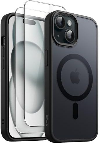 JETech 3-i-1 Magnetiskt Matte Skal för iPhone 15, Svart | Kompatibel med MagSafe, 2 Skärmskydd av Härdat Glas, Genomlysande Matt Baksida, Stötsäker Mobil Fodral