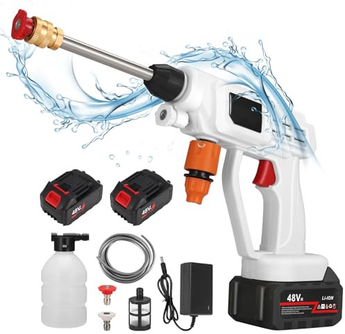 30 Bar Cordless Pressure Washer, 300W Portable Portable High Pressure Spray Water Gun with 10000mAh Rechargeable Battery, Adjustable Spray Nozzle,5M Hose, for Garden Floor Cleaning, Watering (White)