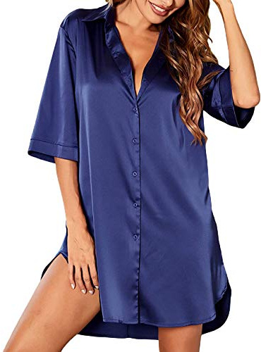 Edhomenn Womens Satin Nightdress Sleepwear Underwear Summer Sleeping Shirt Half Sleeve Single Breasted Loose Nightshirt for Home Wear Loungewear (01 Blue, XL)