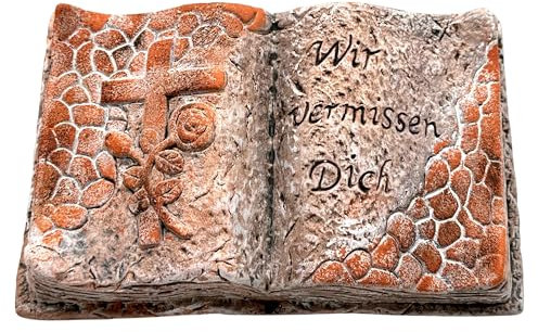 Bambelaa! Grabschmuck Deko Trauerartikel Kreuz auf Buch Wir vermissen Dich Rot Keramik Ca. 22 x 14,5 x 5 cm Wetterfest - Grabdeko Grabmale Grabstein Grabbuch Grabartikel Stein Mit Gravur