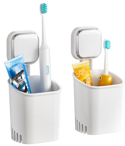 TAILI Suction Toothbrush Holder Wall Mounted, MAX Hold 5 KG, Electric Toothbrush Holders for Bathroom 2 Pack, Shower Razor Organizer, Removable, Stick on Plastic Toothpaste Organizer - White & Square