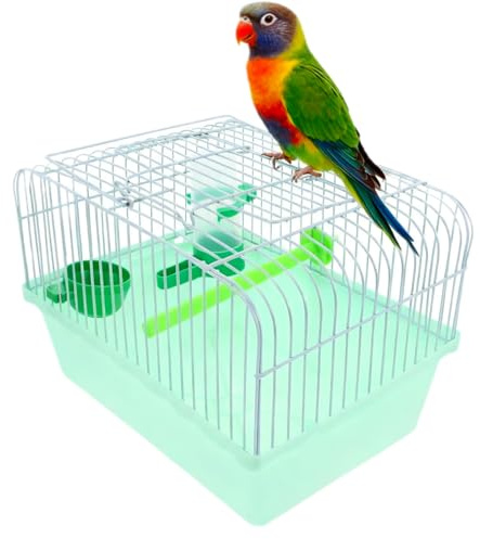 Portable Bird Travel Cage - ABS and Iron Carrier for Parrots Parakeets and Lovebirds - Secure Pet Transport for Car or Vet Visits with Perch and Feeders - Green