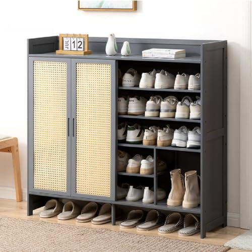 Zapatero de 6 niveles con puerta corredera, organizador de almacenamiento de zapatos gris para entrada, pasillo, sala de estar