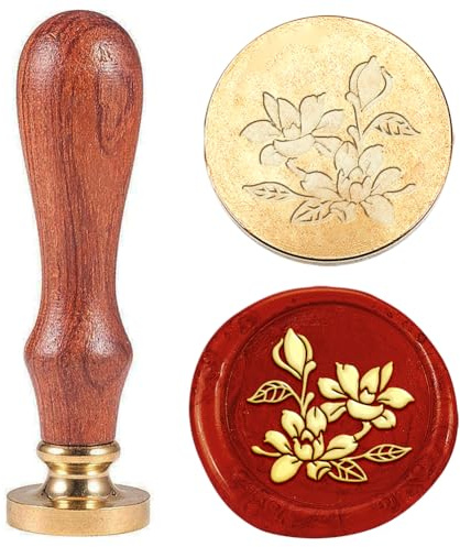 Hobbspring 1 Stück Vintage Blumen Wachssiegelstempel Magnolien Siegelwachs Stempel Geschenk für Weihnachten 25mm Messing Stempelkopf Mit Holzgriff Für Umschläge Einladungen Hochzeitsdekoration