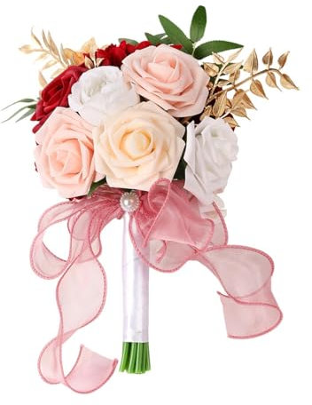 perfk Rose artificiali da 29 cm Bouquet da sposa per sposa Nastro Nappa Puntelli fotografici per bouquet di fiori da sposa per anniversario di fidanzamento, Rosso